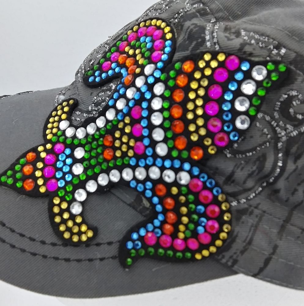 *SOLD* KBETHOS Gray & Multicolor Crystal Embellished Fleur De Lis Military Hat - Picture 6 of 12
